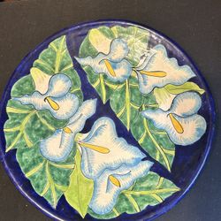 Vintage Hand-Painted Floral Ceramic Plate 15”  – Decorative / Wall Art