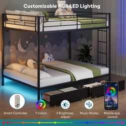 Rolanstar Metal Bunk Bed Twin Over Twin with USB Charging Station, LED Bunk Bed with 2 Storage Drawers, Bed with Safety Guardrail & Ladders, No Box Sp