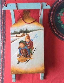 Vintage Handmade Wood Sleigh Folk Art Hand Painted Sledding Picture- Christmas/Holiday/Winter/Decor