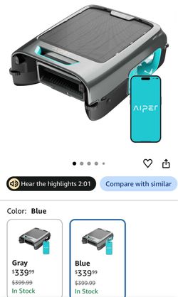 AIPER EcoSurfer S2 24/7 Solar Pool Skimmer Robot with App Support, Blue Dual Charging Modes, Smart Obstacle Avoidance, 150-um Filtration, OTA Upgrade,