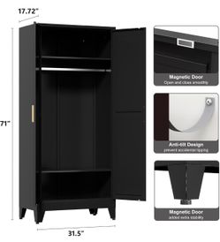 71'' Farmhouse Metal Wardrobe Cabinet with Hanging Rod, 2 Barn Door Wardrobe Closet with 2 Adjustable Shelves,for Dining Room,Bedroom,Living Room, Clo
