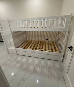 Pemberly Row Reversible Step Storage Wood Bunk Bed with Storage Boxes in White