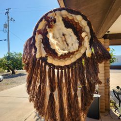 Vintage Native Handcrafted Real Fur Wool & Feather Dream Catcher 50" Mandala