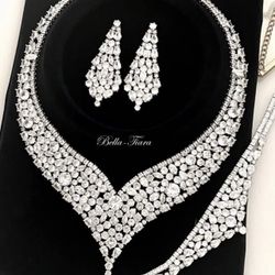 💎 New! Stunning 3pc Cubic Zirconia Silver Crystal Necklace Set 14k White Gold Electroplated