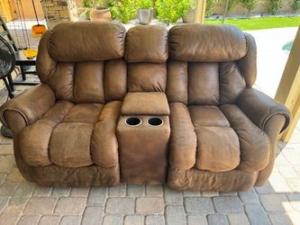 Brown Micro Fiber Reclining Loveseat with Center Conso