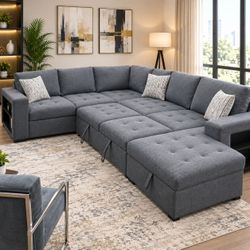 Large Gray Sectional Sofa with pull out bed
