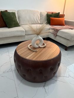 Round Tufted Leather Ottoman with Wood Top