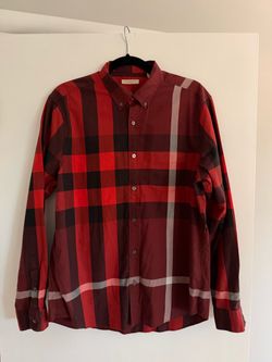 Burberry Check Plaid Long Sleeve Button Up Shirt Men’s Large Red Burgundy Black