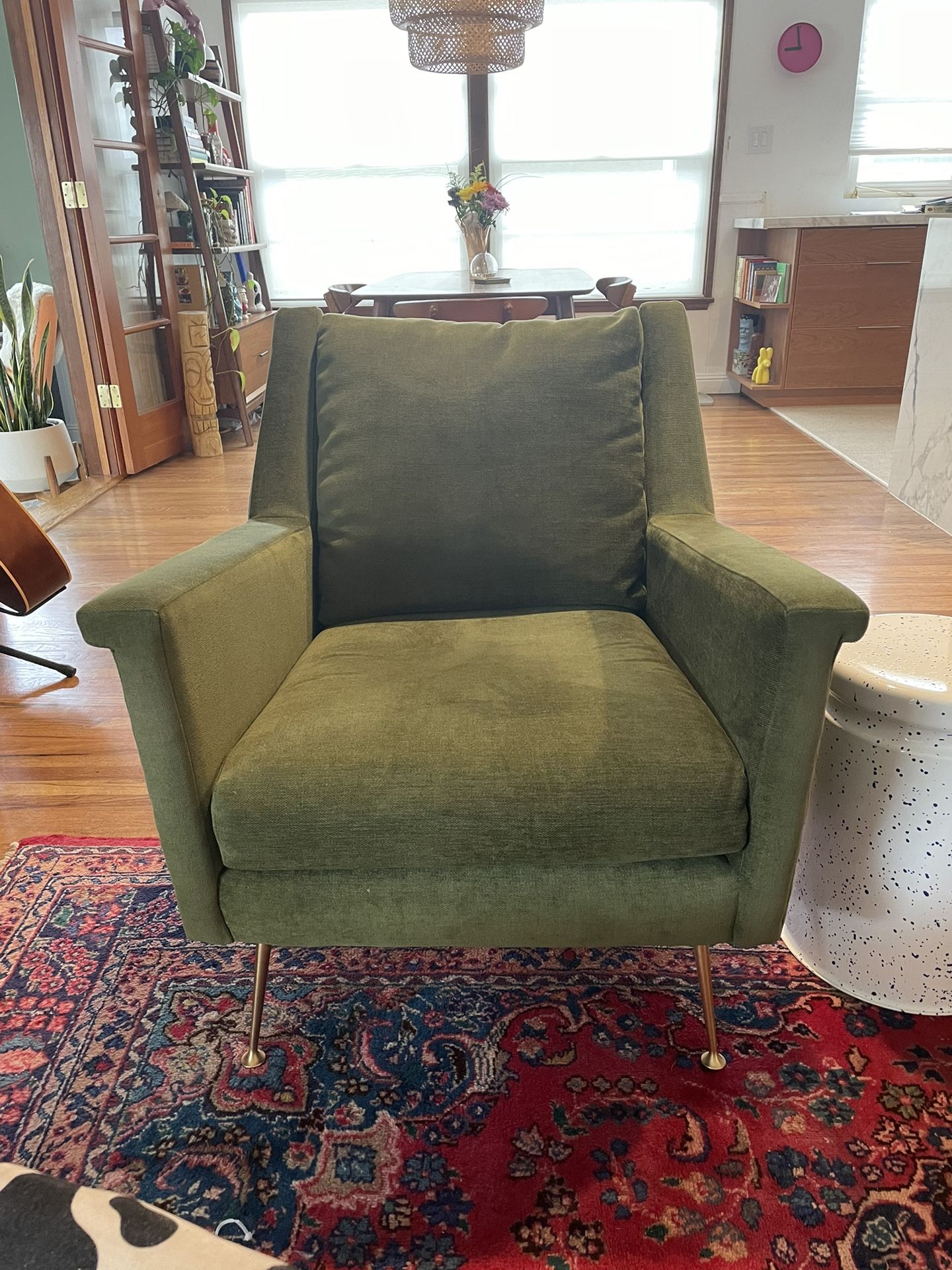 West elm Green Velvet Chair Like New Midcentury Modern Brass Gold Legs