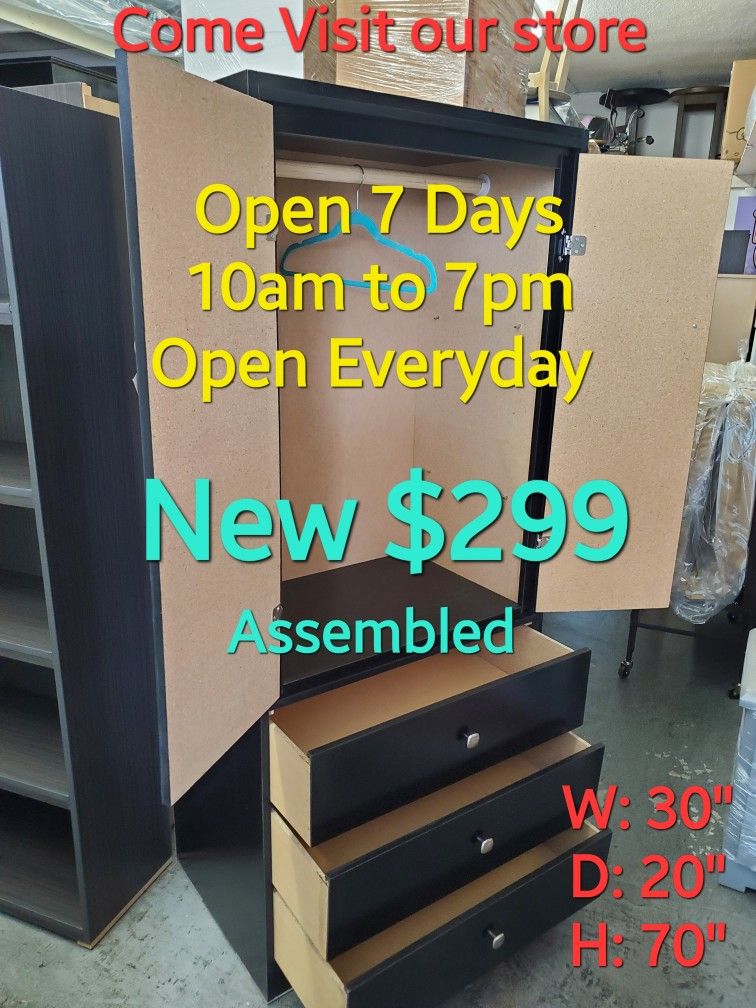 New Large Black Wardrobe Storage Closet Cabinet With 3 Large Drawers. Available In Other Colors Come Visit Our Store In Paramount For More Specials