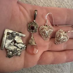 Sterling Silver Jewelry Lot Designer Birdhouse Brooch Pink Quartz w Garnet Pendant & Filigree Heart Dangle Earrings 