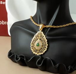 Intricate Craftmanship Paved 14K Gold Plated Green Cubic Zirconia With 24" Rope Necklace 