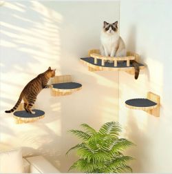 Cat Wall Shelves, Corner Cat Shelf with 3 Wide Perch Steps, Kitty Wall Climber Wooden Furniture up to 25lbs, Modern Floating Cats Stairs for Indoor Sl