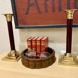 Charming Vintage Muirfield Imperial Palace Brass + Burgundy Wood Column Candlesticks / Home Decor / Art Deco /Gold Candle Sticks