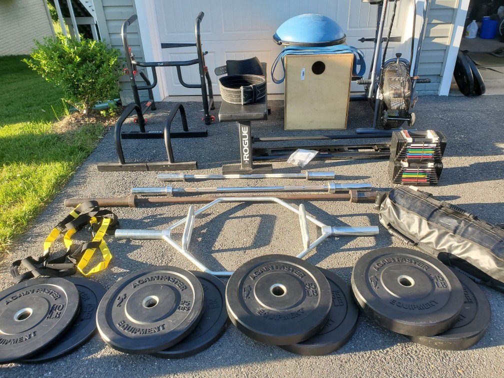 Home Gym Package Olympic Bumper Plates, Bars, Bench