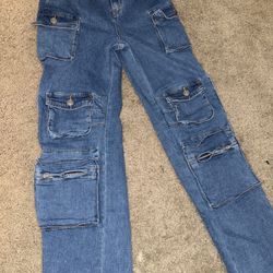 Fashion Nova high-rise, wide-leg denim cargo jeans