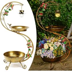 SPEED MATE Bird Baths and Flower Planter Pedestal Combo, Metal Bird Baths Solar Bird Bath and Feeders for Outdoors, Vintage Decorative Birdbaths, Deco