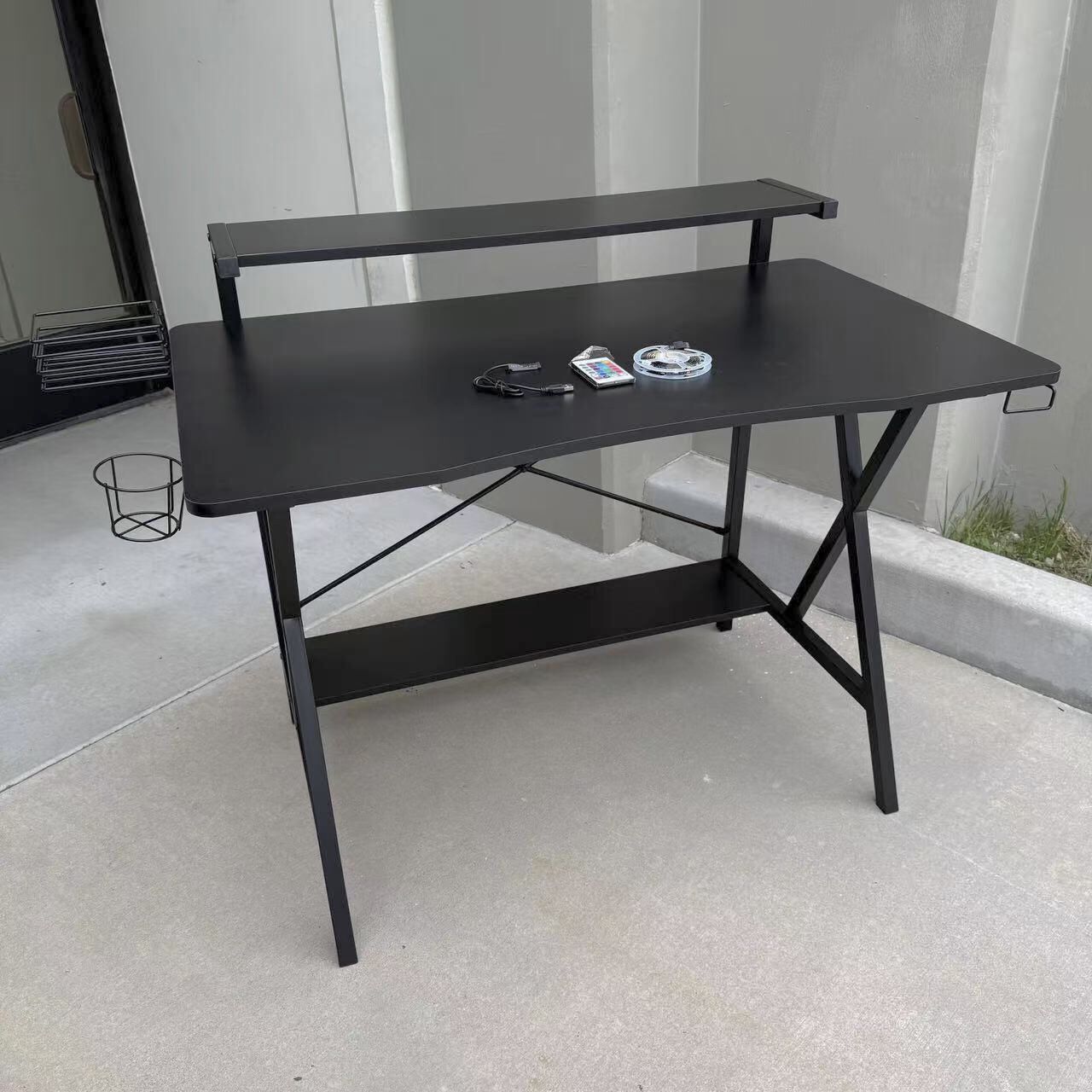 New In Box 42x24x35 Inch Tall Gaming Desk Game Gamer Black Table With Monitor Shelf Stand Tier And LED USB Plug-in Strip Light