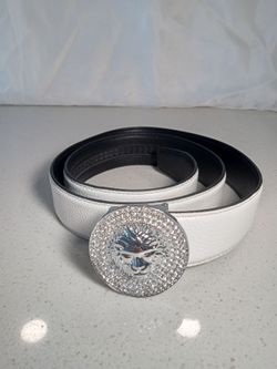 Barabas Men's "Lion Guard" White Leather Belt - Rhinestone Buckle (With Box)