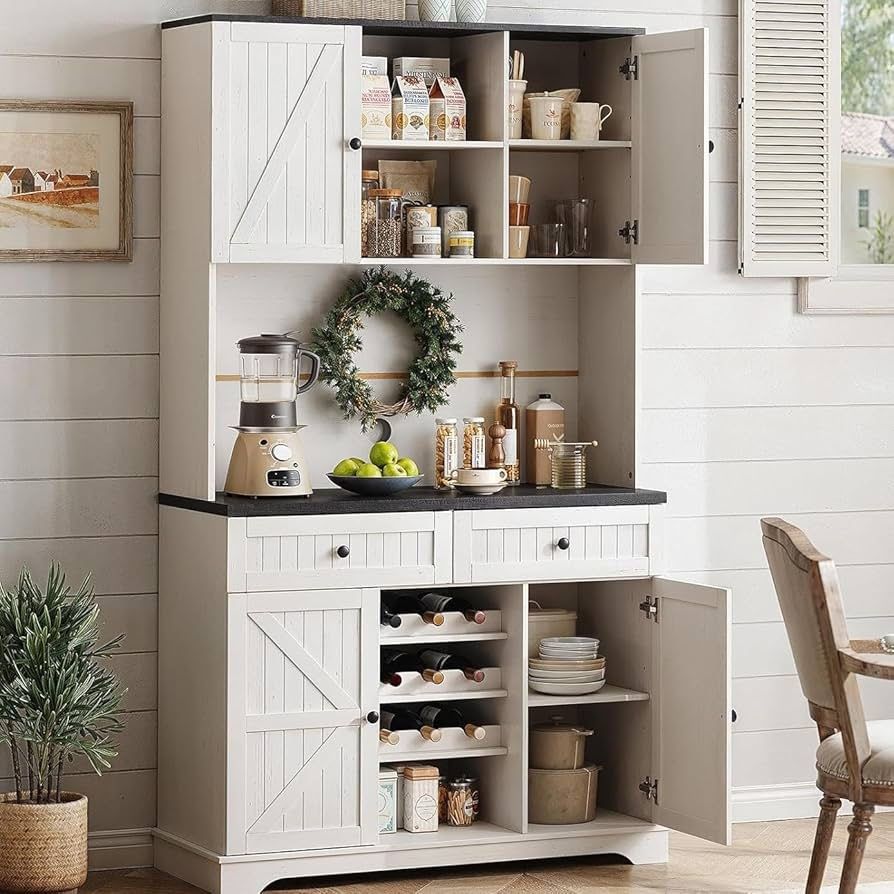 Pantry Cabinet with 2 Drawers & 3 Wine Racks, 71" Farmhouse Kitchen Storage Cabinet with Adjustable Shelves, Kitchen Hutch with Microwave Stand for Di