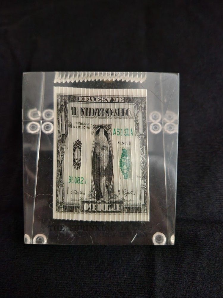 The Shrinking Dollar in Lucite Holder for Office or Desk Square Paperweight