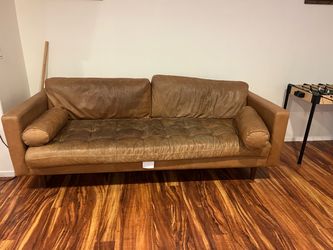 Tan Leather Mid-Century Modern Sofa