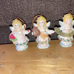 3 Porcelain Angel Roses Christmas Ornaments 