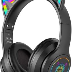 Cat Ear Bluetooth Headphones for Kids & Adults, 55H Play Time, Wireless Foldable & Wired Multi-Function LED Light Up Over Ear Headphones with Mic and 