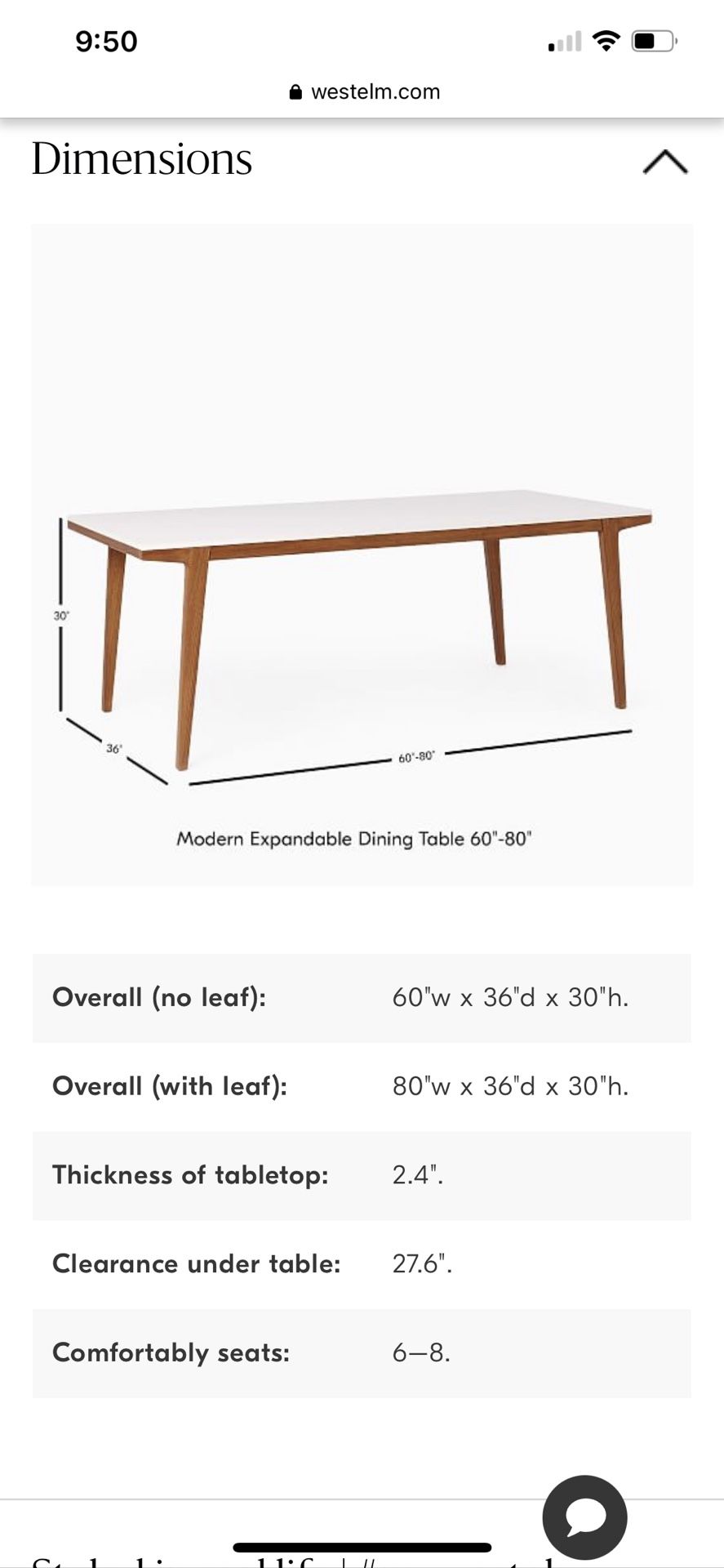 West Elm Modern Expandable Dining Table (60"–80")