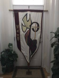 Two Extremely Beautiful Church Banners With Their T-shaped Poles (77” X 50”) Made From A Very Nice Material