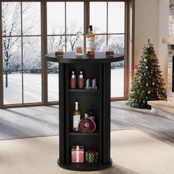 36" Tall Round Bar Table, Black Tambour Dining Table with Three-Layer Storage Shelf.