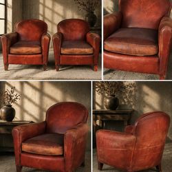 Vintage Distressed Brown Leather Club Chairs – Pair | Restoration Hardware Style | Genuine Leather
