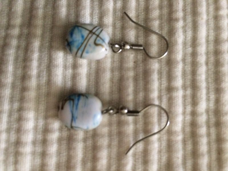 Turquoise, White, & Gold Ceramic Earrings