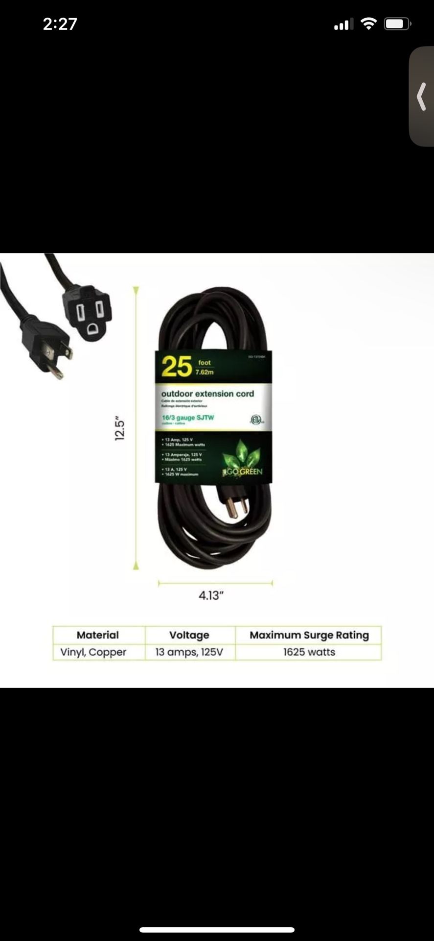 GoGreen Power GG-13825BK - 14/3 25 ft' SJTW Outdoor Extension Cord - Black (1PAC