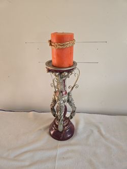 Ornate Metal and Purple Pillar Candle Holder