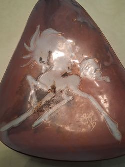 Vintage paired mid century enamel on copper trinket or dish marked ns