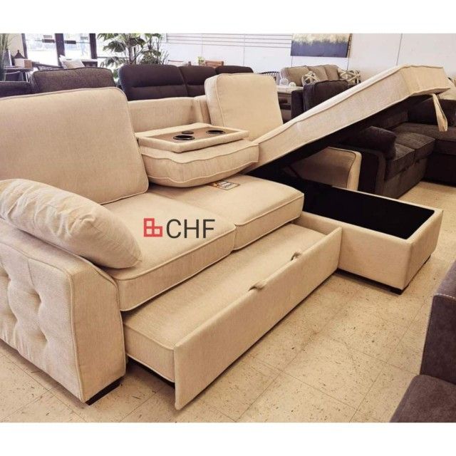 91"W Beige Chenille REVERSIBLE Sleeper Sectional with Storage Chaise, Drop-Down Table, Cup Holders and Charging PortsSectional Couch Sleeper Sofa Love