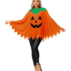 Women Pumpkin Poncho For Halloween Adult Cosplay Cloak Cape 