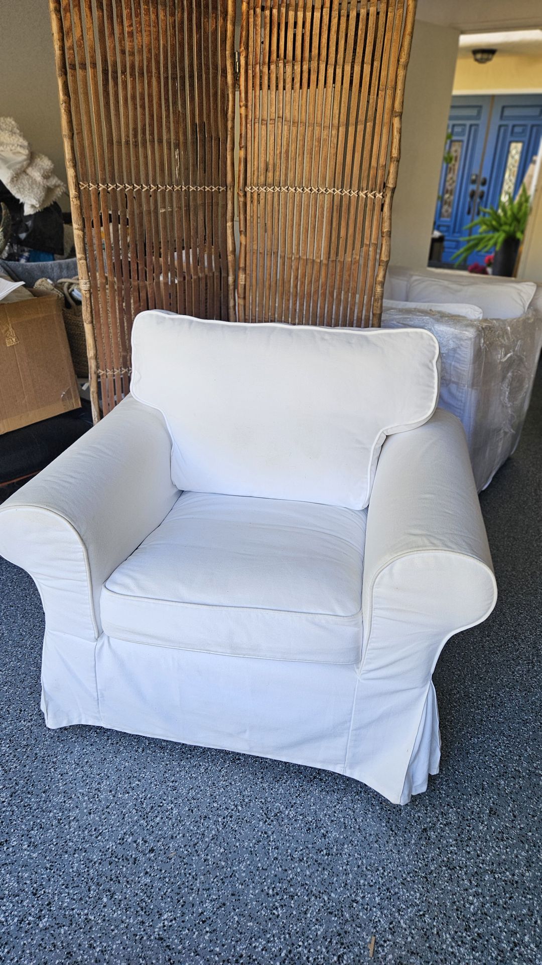 White Rolled arm CottonDuck slipcovered chair