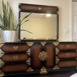 Chinoiserie Asian Inspired Tigerwood Brass Hollywood Regency Vintage  Dresser With Mirror