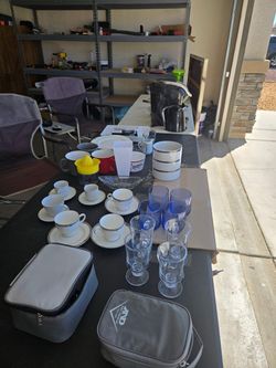 Glasses coffee pot china  yard sell