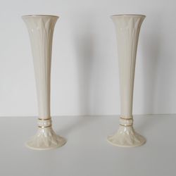 Pair of Lenox USA Tivoli 9" Fluted Bud Vases w/ 24k Gold Trim