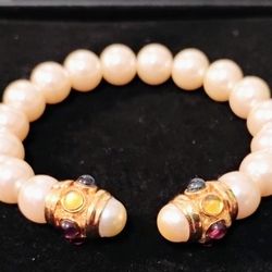 Kenneth Jay Lane KJL faux Pearls Gripoix glass Cuff Bangle Bracelet -Cash Only-