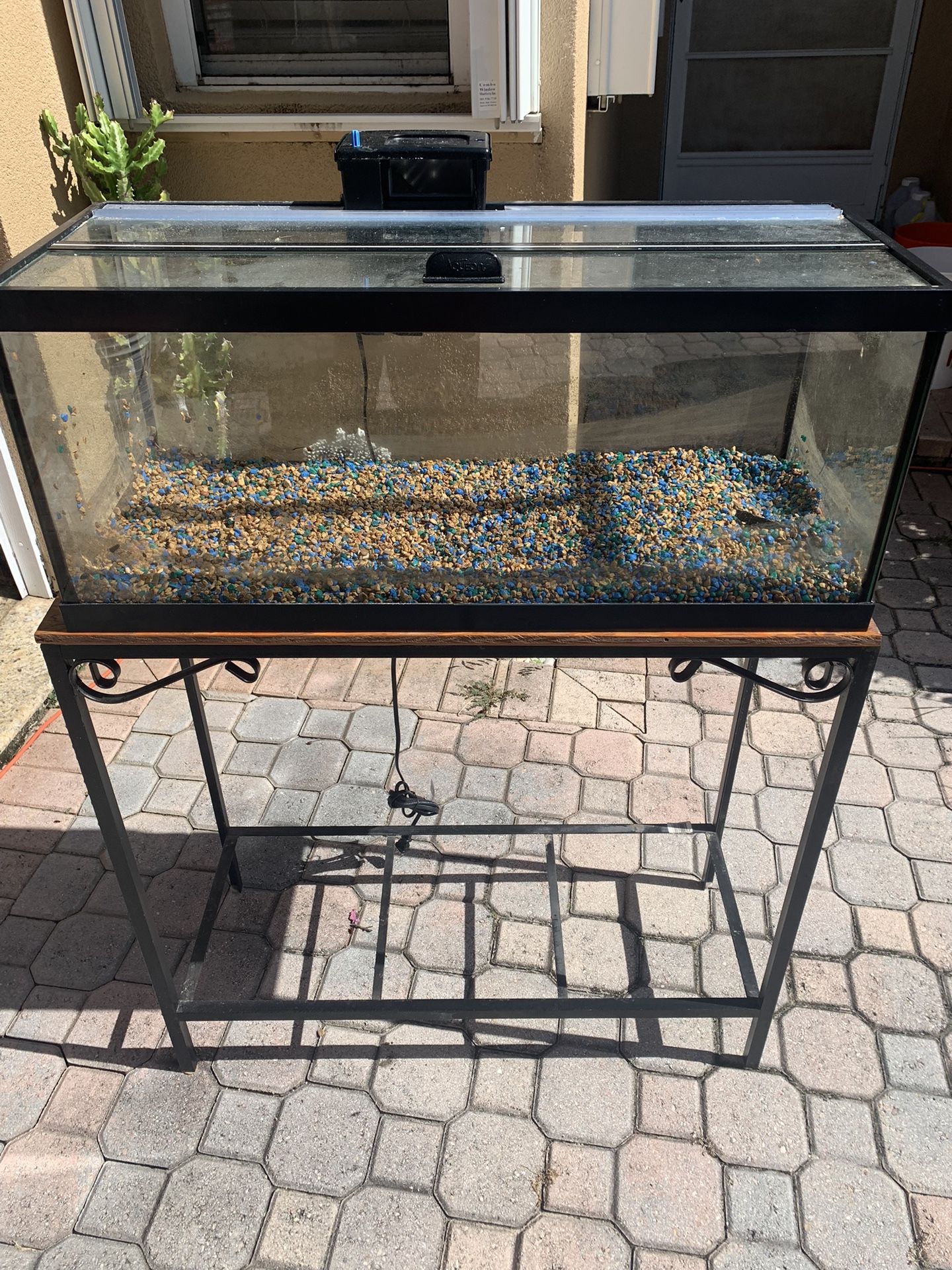 20 Gallon Long Aqueon Aquarium, 30” x 13” Angle Iron Stand W/plywood Base, Aqueon Glass Canopy, & Tidal 35 Power Filter (Used)