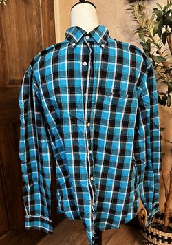 American Eagle Mens Casual Dress Shirt Lg, plaid blue white black long sleeve