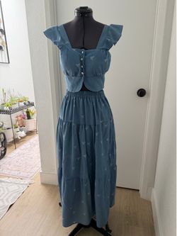 🎀 Blue Bow Print tCrop Top & Maxi Skirt Set – Cottagecore / Coquette