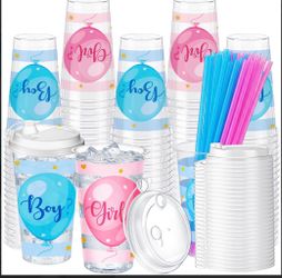 Gender Reveal Party Cups with Lids and Straws