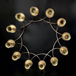 Vintage Mid Century Gold Brass Lacquered 12 Votive Ring Candelabra Candle Stick Holder
