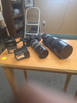 Konica 35mm Film Camera with Lenses and Flash Bundle