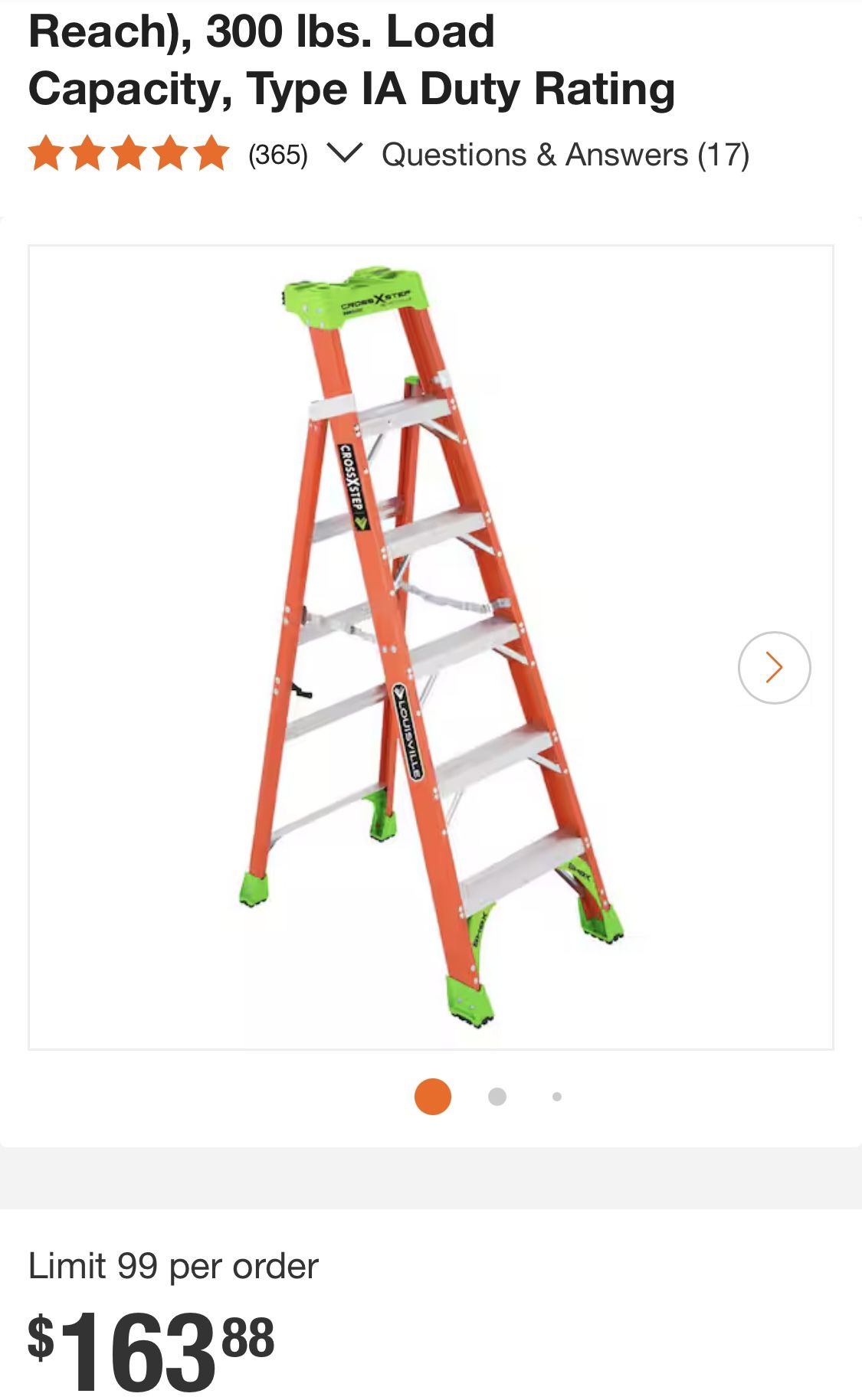 Louisville Ladder Cross Step 6 ft. Fiberglass Leaning Step Ladder (10 ft. Reach), 300 lbs. Load Capacity, Type IA Duty Rating